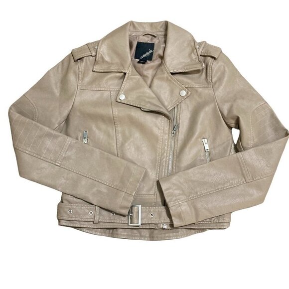 Collection B Faux Leather Belted Moto Jacket Brown Size Small - Picture 10 of 12
